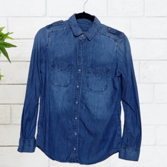 EXPRESS Blue Denim Button Front Shirt - Size XS | 1P - Picture 4 of 10
